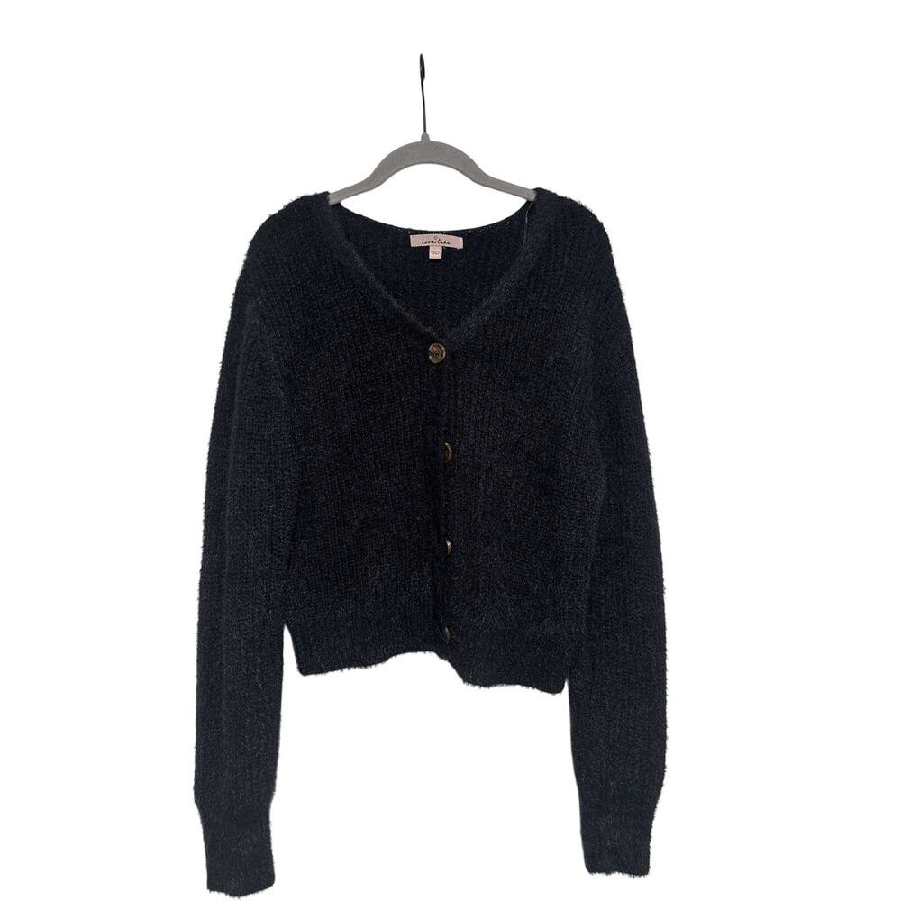 Love Tree Black Fuzzy Button Down Cardigan L - Picture 2 of 8